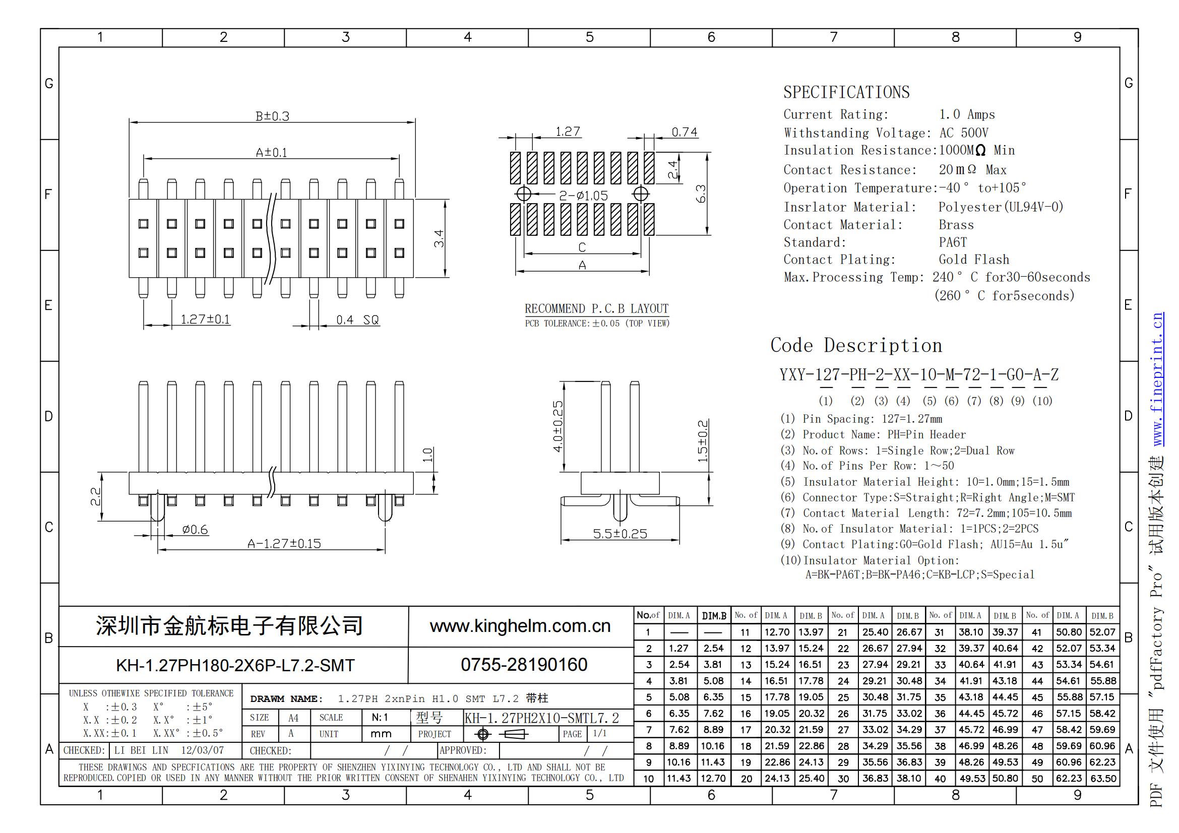 C4943296_排针_KH-1.27PH180-2X6P-L7.2-SMT_规格书_KINGHELM(金航标)排针规格书_00.jpg